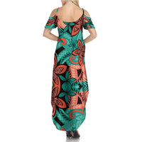 Plumeria Polynesian Pattern Family Matching Summer Maxi Dress and Hawaiian Shirt Unique Fantasy Teal Orange LT01 - Polynesian Pride