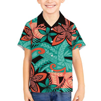 Plumeria Polynesian Pattern Family Matching Tank Maxi Dress and Hawaiian Shirt Unique Fantasy Teal Orange LT01 Son's Shirt Teal - Polynesian Pride