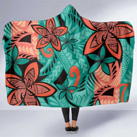 Plumeria Polynesian Pattern Hooded Blanket Unique Fantasy Teal Orange