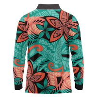 Plumeria Polynesian Pattern Long Sleeve Polo Shirt Unique Fantasy Teal Orange LT01 - Polynesian Pride