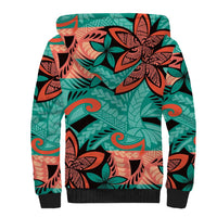 Plumeria Polynesian Pattern Sherpa Hoodie Unique Fantasy Teal Orange