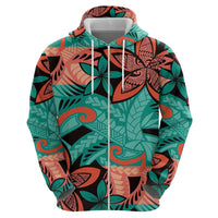 Plumeria Polynesian Pattern Zip Hoodie Unique Fantasy Teal Orange