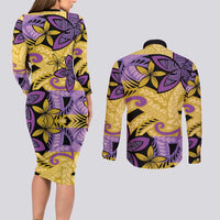 Plumeria Polynesian Pattern Couples Matching Long Sleeve Bodycon Dress and Long Sleeve Button Shirt Unique Fantasy Yellow Purple LT01 - Polynesian Pride