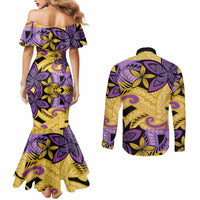 Plumeria Polynesian Pattern Couples Matching Mermaid Dress and Long Sleeve Button Shirt Unique Fantasy Yellow Purple LT01 - Polynesian Pride