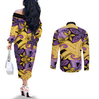 Plumeria Polynesian Pattern Couples Matching Off The Shoulder Long Sleeve Dress and Long Sleeve Button Shirt Unique Fantasy Yellow Purple LT01 - Polynesian Pride