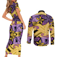 Plumeria Polynesian Pattern Couples Matching Short Sleeve Bodycon Dress and Long Sleeve Button Shirt Unique Fantasy Yellow Purple LT01 - Polynesian Pride