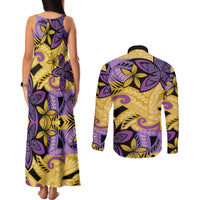 Plumeria Polynesian Pattern Couples Matching Tank Maxi Dress and Long Sleeve Button Shirt Unique Fantasy Yellow Purple LT01 - Polynesian Pride