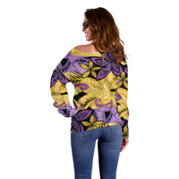 Plumeria Polynesian Pattern Off Shoulder Sweater Unique Fantasy Yellow Purple