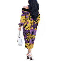 Plumeria Polynesian Pattern Off The Shoulder Long Sleeve Dress Unique Fantasy Yellow Purple