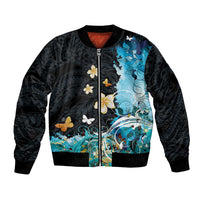 Blue Grunge Polynesian Pattern Bomber Jacket Plumeria Floral LT01 Unisex Blue - Polynesian Pride