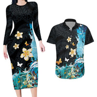 Blue Grunge Polynesian Pattern Couples Matching Long Sleeve Bodycon Dress and Hawaiian Shirt Plumeria Floral
