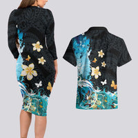 Blue Grunge Polynesian Pattern Couples Matching Long Sleeve Bodycon Dress and Hawaiian Shirt Plumeria Floral