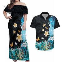 Blue Grunge Polynesian Pattern Couples Matching Off Shoulder Maxi Dress and Hawaiian Shirt Plumeria Floral