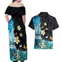 Blue Grunge Polynesian Pattern Couples Matching Off Shoulder Maxi Dress and Hawaiian Shirt Plumeria Floral