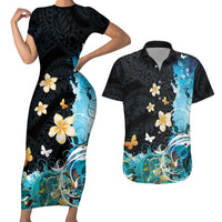 Blue Grunge Polynesian Pattern Couples Matching Short Sleeve Bodycon Dress and Hawaiian Shirt Plumeria Floral