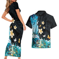 Blue Grunge Polynesian Pattern Couples Matching Short Sleeve Bodycon Dress and Hawaiian Shirt Plumeria Floral