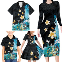 Blue Grunge Polynesian Pattern Family Matching Long Sleeve Bodycon Dress and Hawaiian Shirt Plumeria Floral