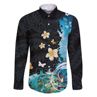 Blue Grunge Polynesian Pattern Family Matching Long Sleeve Bodycon Dress and Hawaiian Shirt Plumeria Floral