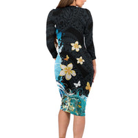 Blue Grunge Polynesian Pattern Family Matching Long Sleeve Bodycon Dress and Hawaiian Shirt Plumeria Floral