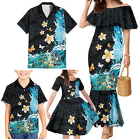 Blue Grunge Polynesian Pattern Family Matching Mermaid Dress and Hawaiian Shirt Plumeria Floral