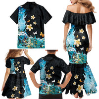 Blue Grunge Polynesian Pattern Family Matching Mermaid Dress and Hawaiian Shirt Plumeria Floral
