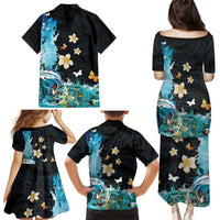 Blue Grunge Polynesian Pattern Family Matching Puletasi and Hawaiian Shirt Plumeria Floral LT01 - Polynesian Pride
