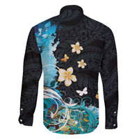 Blue Grunge Polynesian Pattern Family Matching Short Sleeve Bodycon Dress and Hawaiian Shirt Plumeria Floral