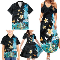 Blue Grunge Polynesian Pattern Family Matching Summer Maxi Dress and Hawaiian Shirt Plumeria Floral