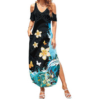 Blue Grunge Polynesian Pattern Family Matching Summer Maxi Dress and Hawaiian Shirt Plumeria Floral