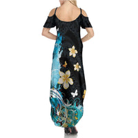 Blue Grunge Polynesian Pattern Family Matching Summer Maxi Dress and Hawaiian Shirt Plumeria Floral