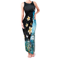 Blue Grunge Polynesian Pattern Family Matching Tank Maxi Dress and Hawaiian Shirt Plumeria Floral