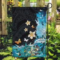 Blue Grunge Polynesian Pattern Garden Flag Plumeria Floral