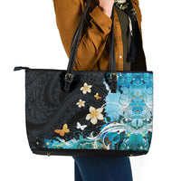 Blue Grunge Polynesian Pattern Leather Tote Bag Plumeria Floral LT01 - Polynesian Pride