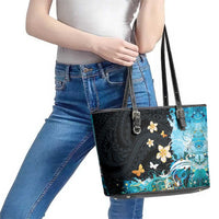Blue Grunge Polynesian Pattern Leather Tote Bag Plumeria Floral LT01 - Polynesian Pride
