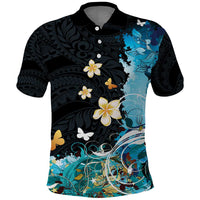 Blue Grunge Polynesian Pattern Polo Shirt Plumeria Floral