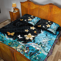 Blue Grunge Polynesian Pattern Quilt Bed Set Plumeria Floral