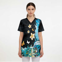 Blue Grunge Polynesian Pattern Scrub Top Plumeria Floral - Polynesian Pride