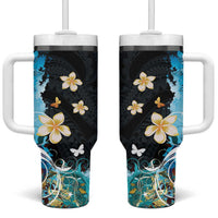 Blue Grunge Polynesian Pattern Tumbler With Handle Plumeria Floral LT01 One Size: 40 oz Blue - Polynesian Pride