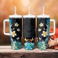 Blue Grunge Polynesian Pattern Tumbler With Handle Plumeria Floral LT01 - Polynesian Pride