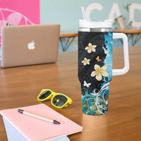 Blue Grunge Polynesian Pattern Tumbler With Handle Plumeria Floral LT01 - Polynesian Pride