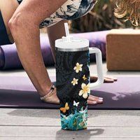 Blue Grunge Polynesian Pattern Tumbler With Handle Plumeria Floral LT01 - Polynesian Pride