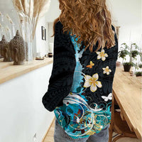 Blue Grunge Polynesian Pattern Women Casual Shirt Plumeria Floral