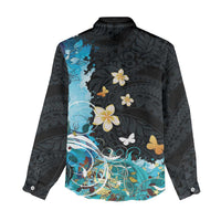 Blue Grunge Polynesian Pattern Women Casual Shirt Plumeria Floral