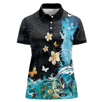 Blue Grunge Polynesian Pattern Women Polo Shirt Plumeria Floral