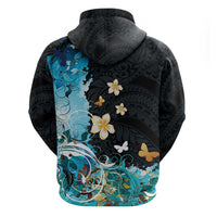 Blue Grunge Polynesian Pattern Zip Hoodie Plumeria Floral