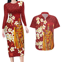 Hawaii King Kamehameha Couples Matching Long Sleeve Bodycon Dress and Hawaiian Shirt Plumeria Lauhala Pattern LT01 Red - Polynesian Pride