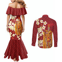 Hawaii King Kamehameha Couples Matching Mermaid Dress and Long Sleeve Button Shirt Plumeria Lauhala Pattern LT01 - Polynesian Pride
