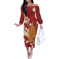 Hawaii King Kamehameha Family Matching Off The Shoulder Long Sleeve Dress and Hawaiian Shirt Plumeria Lauhala Pattern LT01 Mom's Dress Red - Polynesian Pride