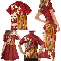 Hawaii King Kamehameha Family Matching Short Sleeve Bodycon Dress and Hawaiian Shirt Plumeria Lauhala Pattern