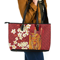 Hawaii King Kamehameha Leather Tote Bag Plumeria Lauhala Pattern